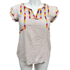 THML White Pink Stripe Multicolor Embroidered Short Sleeve Top L